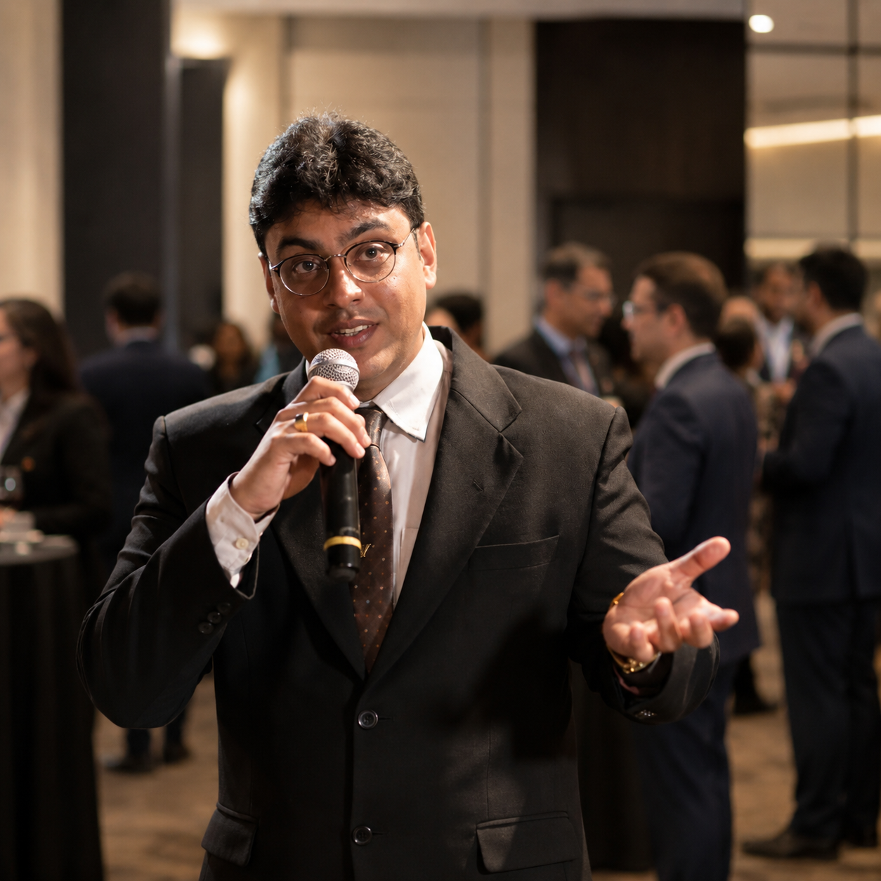 Ninio Correia speaking at an outdoor wellness event